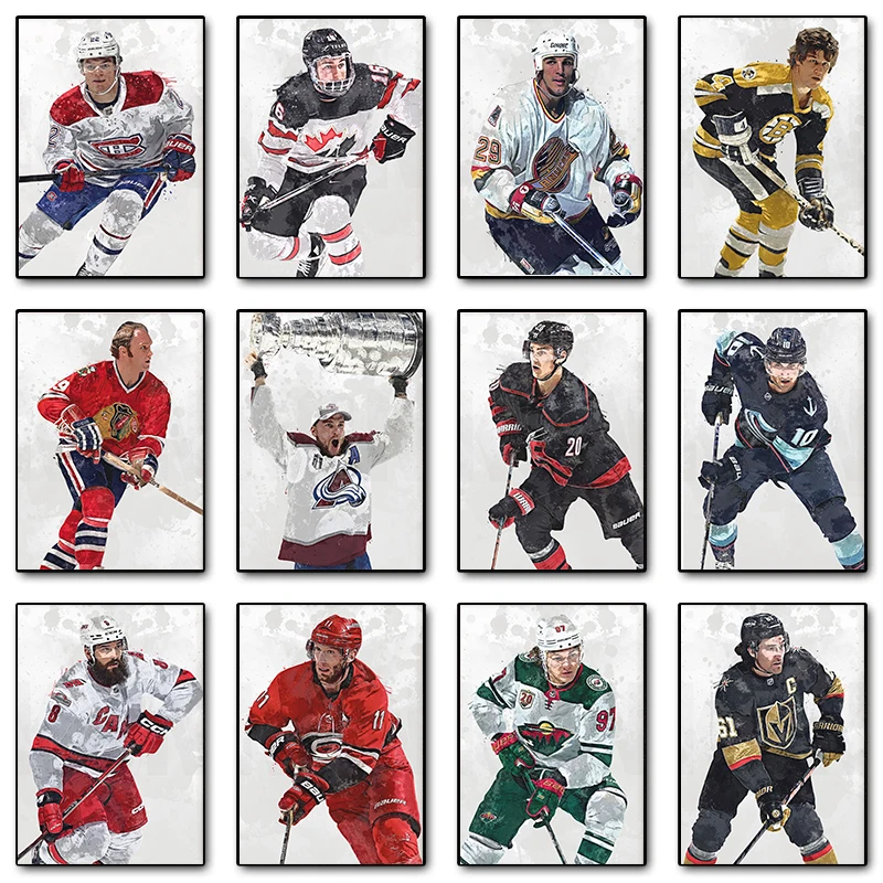 Watercolors Popular Sport Ice Hockey Player Poster and Canvas Printing Wall Art Picture for Fans Room Home Club Decor Gifts