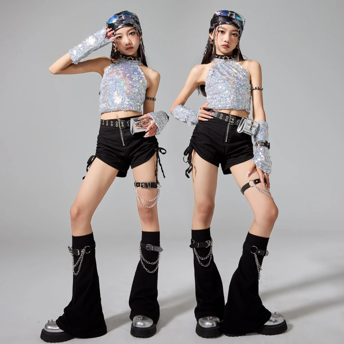 키즈 재즈 댄스 의류 소녀 Kpop 무대 복장 실버 탑 블랙 Shortsschool 쇼 공연 정장 패션 스트리트웨어 AMY2393