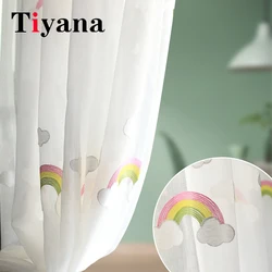 Cartoon White Clouds Embroidered Rainbow Sheer Tulle Curtains For Children Bedroom Living Room Window Cotton Linen Voile Drapes