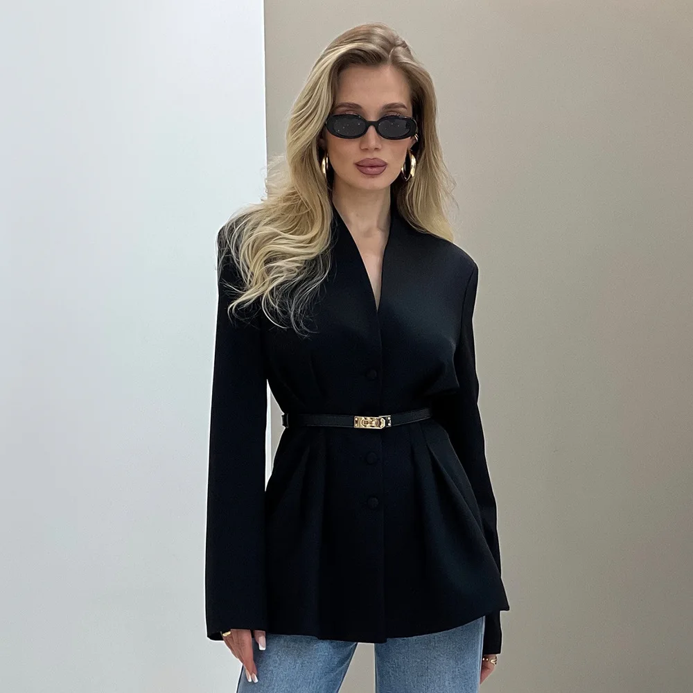 2025 Women Waist Suit Jacket V-Neck Elegant Autumn And Winter Slim High-End Design Tops Coat Female Clothing