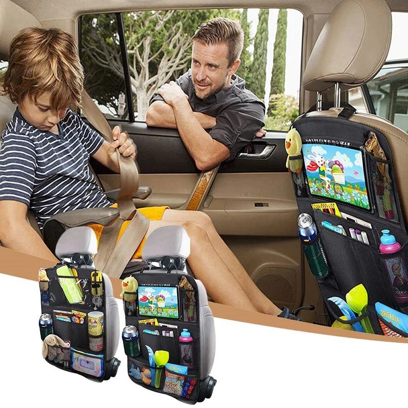 Car Backseat Organizer with Touch Screen Tablet Holder + 9 Storage Pockets Kick Mats Car Seat Back Protectors for Kids Toddlers