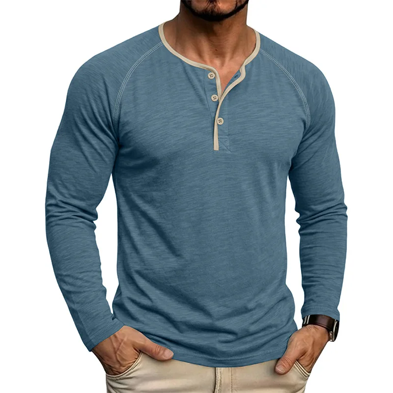 Men's Henley T‑Shirt Long Sleeve Raglan Sleeve Color Block Placket Button Casual Slim Fit Tees Spring Autumn Daily Wear Tops