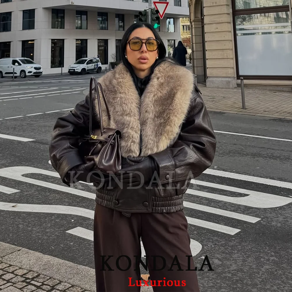 KONDALA Streetwear Pelzkragen Lederjacken Damen Langarm Taschen Übergroße Mäntel Mode 2026 Herbst Winter Outwears