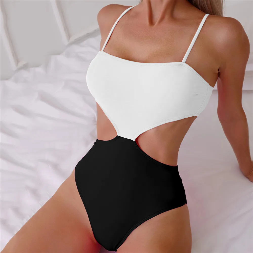Black White Patchwork Sexy Swimsuit Women One Piece Swimwear 2026 Side Waist Hollow Out Monokini High Cut Bathing Swimming Suit