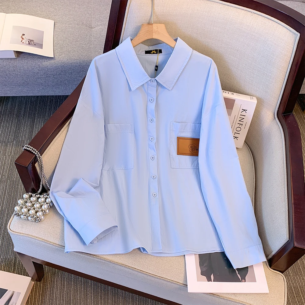 Plus-size Women's Summer Casual commute Loose comfortable shirt Hong Kong style blue Long sleeve lapel button pocket top 2024