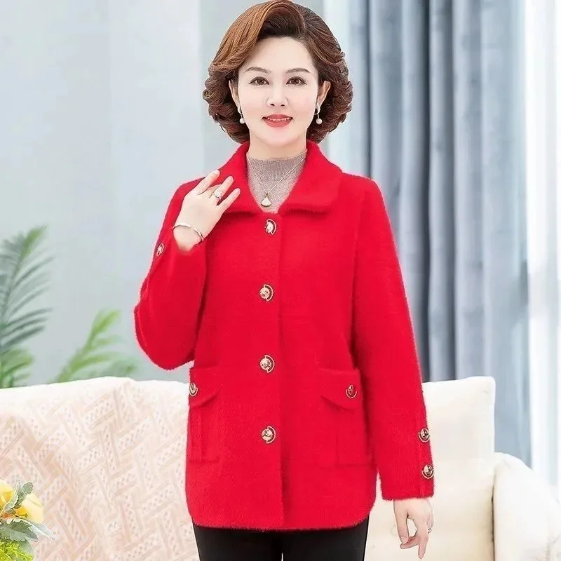 

2025 женские вязаные топы большого размера 5XL, осень-зима, свитер для мам среднего возраста, пальто, корейская женская вязаная куртка с длинными рукавами