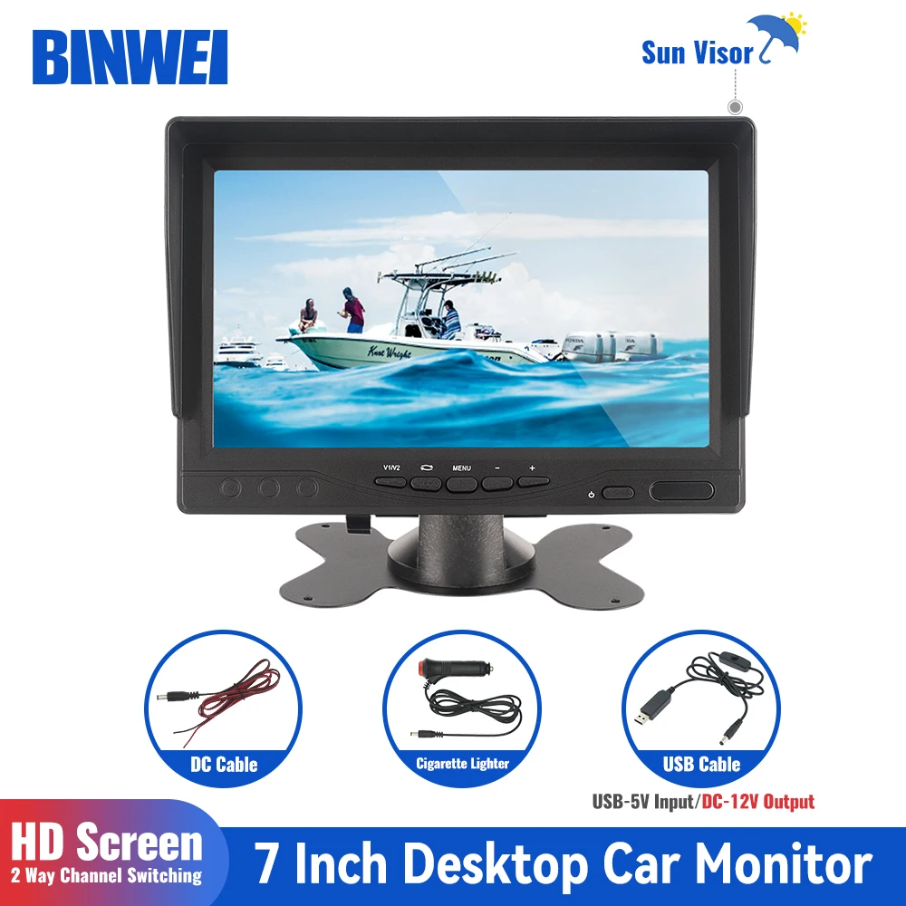 

BINWEI 7 Inch Car Monitor Screen with Sun Visor HD Digital 2 Way Video Input Rearview Image 9V-36V TFT LCD Parking System