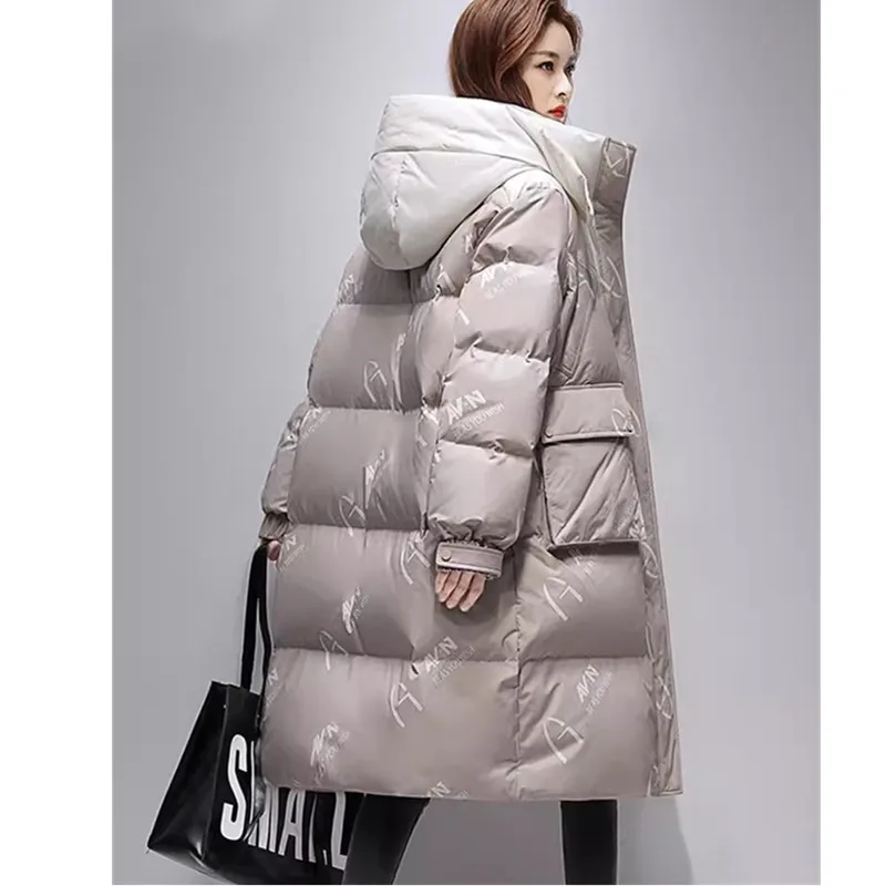 Minus Celsius Thicken White Duck Down Jacket 2023 Winter New Loose Women\'s Hooded Down Coat Warm Parkas Long Overcoat Female