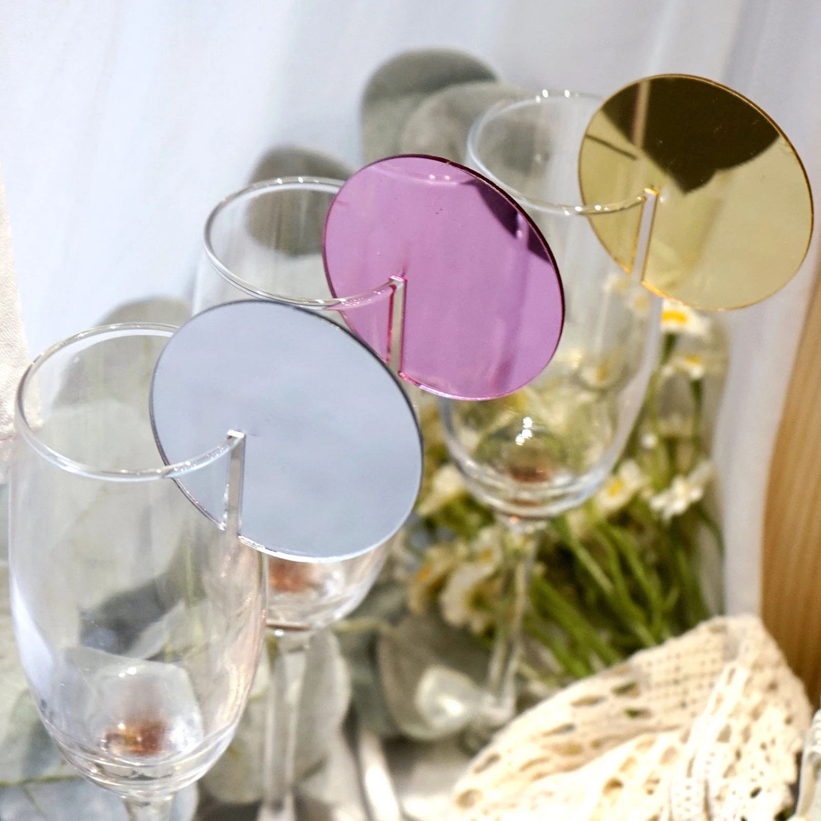 Blank Circle/Heart Acrylic Wedding Drink Tag DIY Beverages Name Badges,Drink Labels Wine Charms, Place Cards Gold Silver Mirror