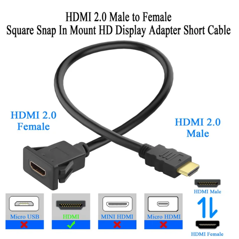 

HDMI -Compatible Male to Female Extension Cable Dashboard Flush Mount, Panel Mount Waterproof Cable for Car, Boat, Motorcycle