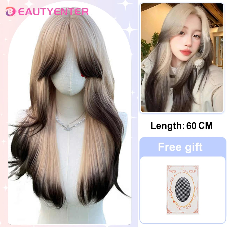 Wig Ikat Kepala Sintetis Panjang Bergelombang Ombre Wanita Coklat Hitam Pirang Cosplay Alami Tahan Panas Setengah Rambut Wig untuk Wanita