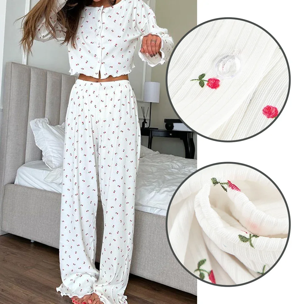 

Женский кардиган, трикотаж, брюки с длинными рукавами, пижамы, ночное белье с цветочным принтом, простая домашняя одежда, одежда для сна