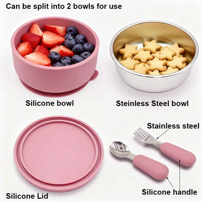 

Baby Feeding Bowl Personalized Name Silicone Tableware For Kid Stainless Steel Bowl Spoon Fork Baby Food Bowl Solid Food Feeding