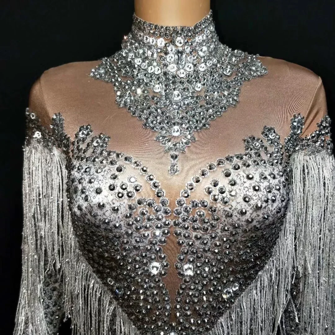 

Women Sparkling Rhinestones Skinny Elastic Silver Fringes Nightclub Jumpsuits 2026