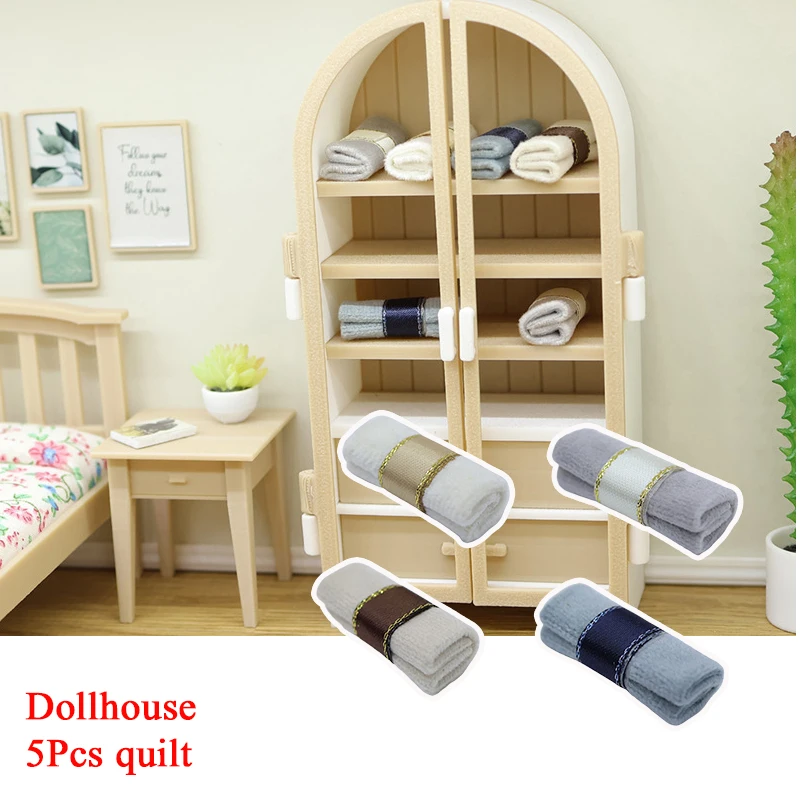 5Pcs 1/12 Dollhouse Mini Quilt Kit Model Dollhouse Simulation Bed Room Decoration Dolls House Micro Living Scene Decor Ornament
