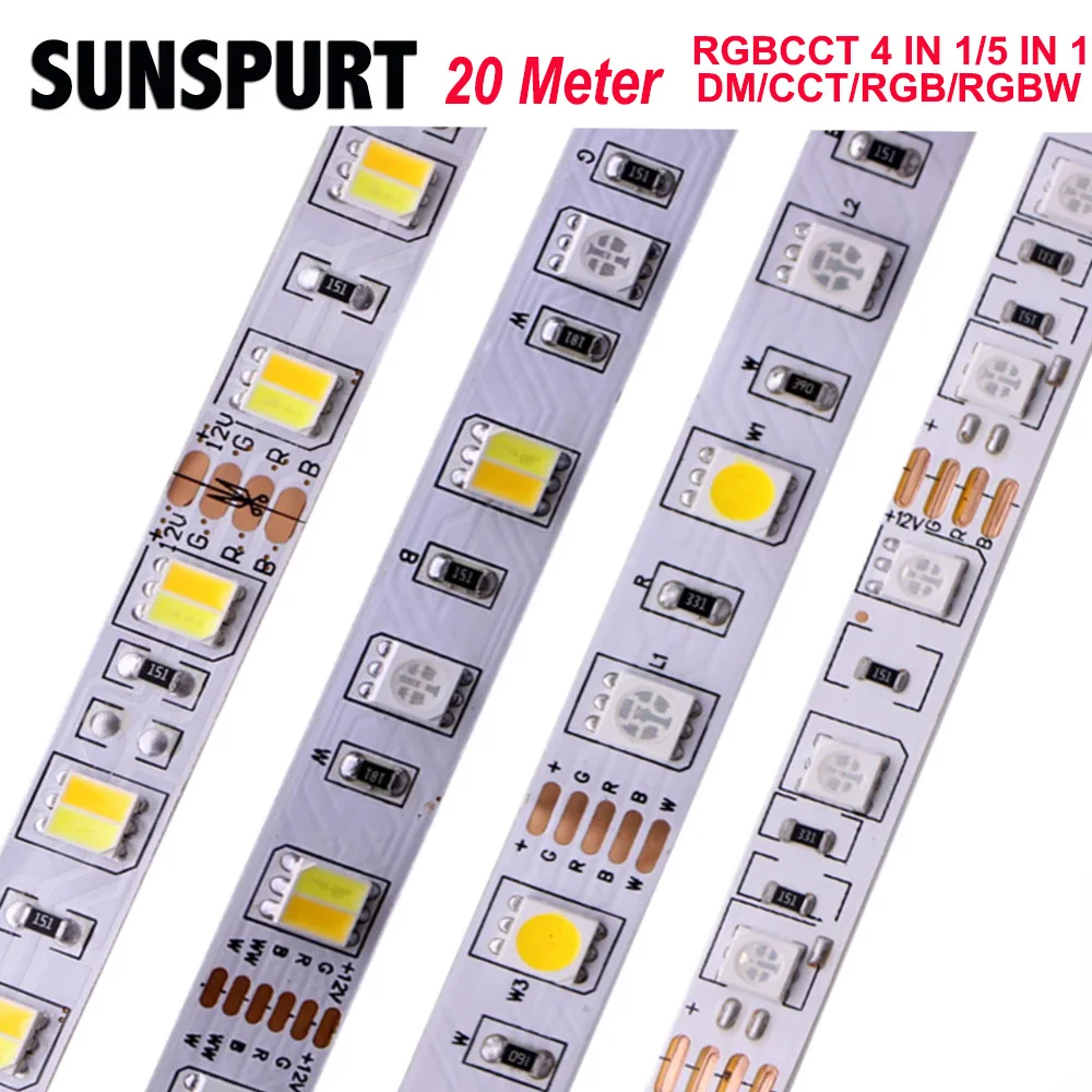 20M 5M/lot DC 12V RGBW/RGBWW 4 color in 1 led chip 60Leds/m 300leds Waterproof IP30/65 RGB CCT 5050 SMD flexible LED Strip light