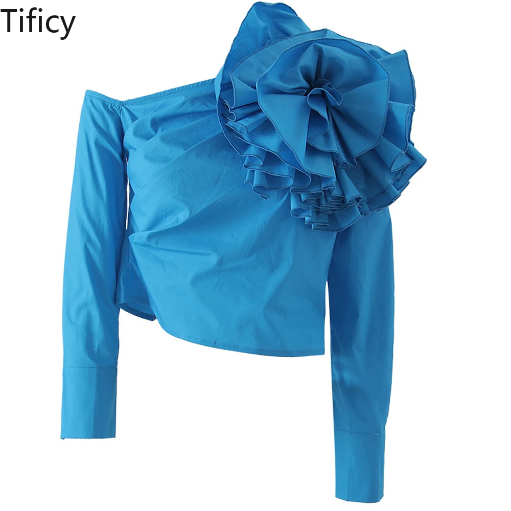 TIFICY French Design Three-dimensional Large Flower Shirt for Women's Spring New Sexy Off Shoulder Short Irregular Blouses Top