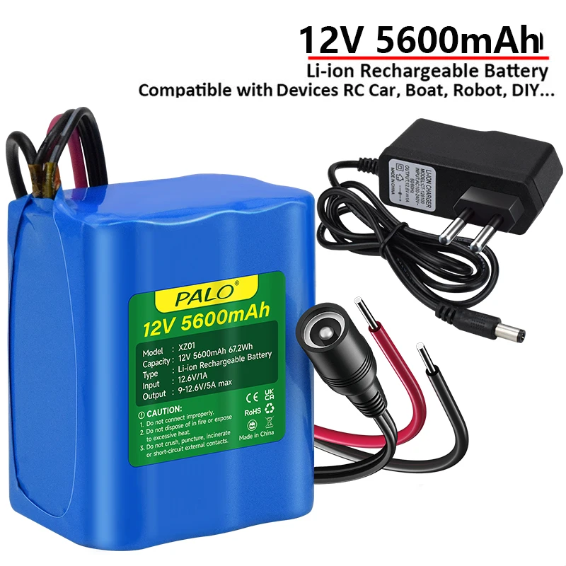 PALO 12V wiederaufladbarer Lithium-Ionen-Akku, 5600 mAh, tragbarer Akku + Ladegerät für 12V-Geräte, RC-Auto, Boot, Roboter, DLY