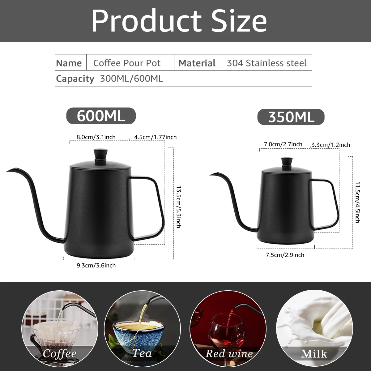 350ml 600ml Drip Kettle Coffee Tea Pot Non-stick Coating Food Grade Stainless Steel Gooseneck Drip Kettle Swan Neck Thin Mouth