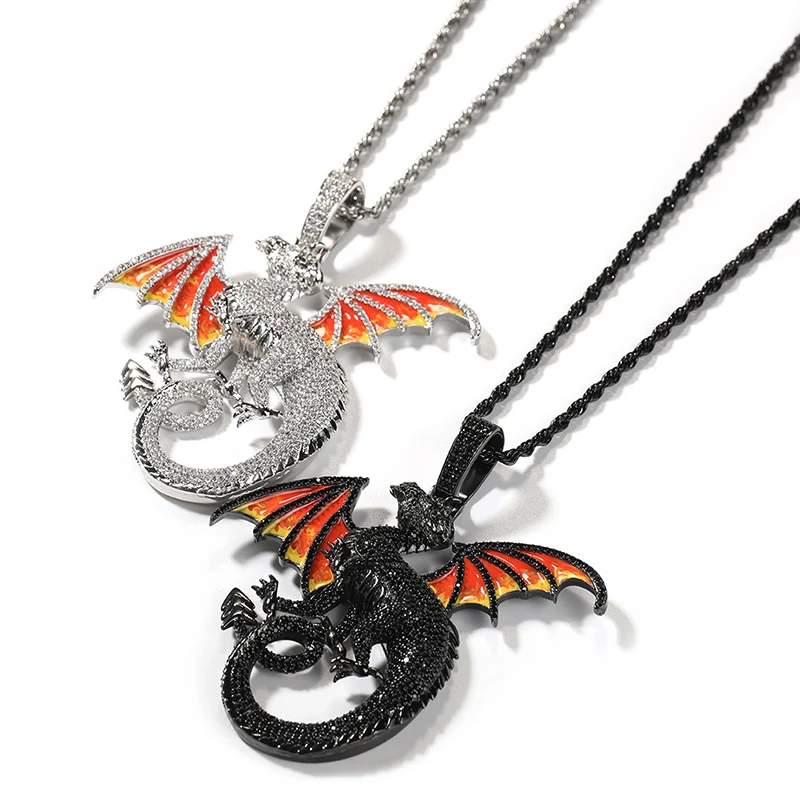 Hip Hop 3A+ CZ Stone Paved Bling Iced Out Dragon Pendants Necklaces for Men Rapper Jewelry Black Silver Color Drop Shipping