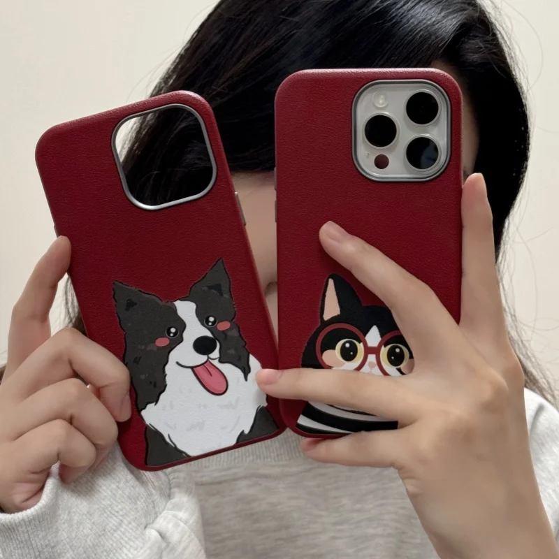 Metal ring leather pattern red glasses cat dog couple phone case for iPhone 13, 14, 15 ,16 Pro Max