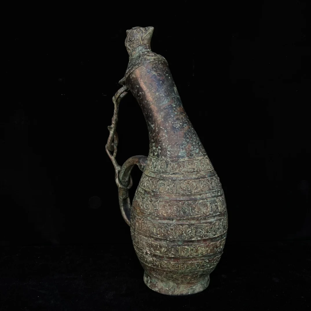 Very rare han Dynasty bronze Coppery red spot with verdigris outer neck chain bird bottle,Beautiful ornamentation,free shipping