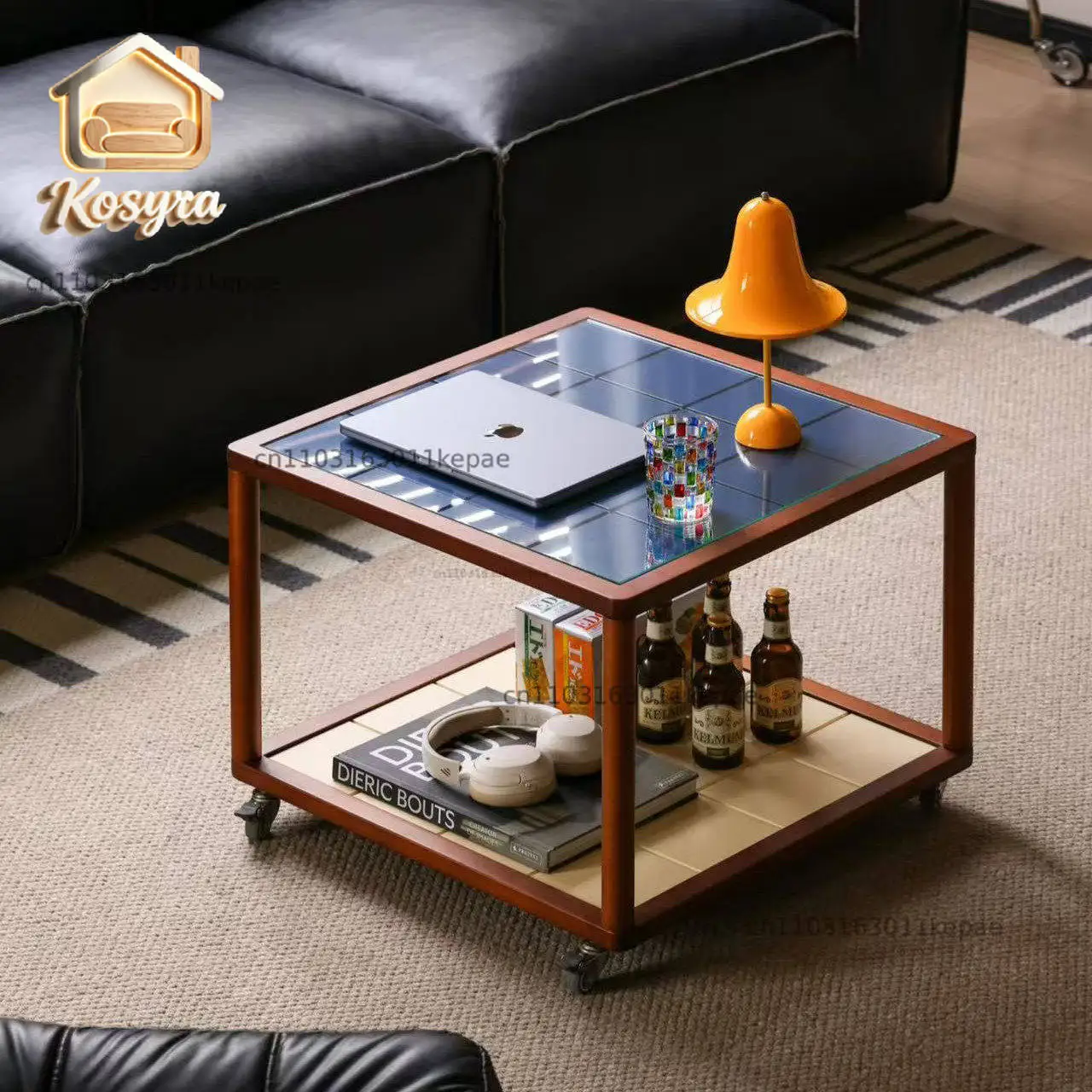 2026 new living room coffee table retro style Bauhaus household small apartment movable solid wood glass side table