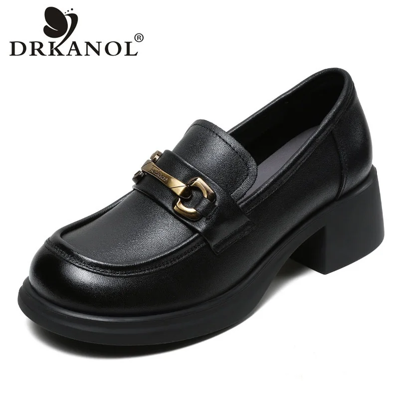 DRKANOL Ladies Loafers Luxury Design Genuine Leather Metal Slip On Thick Heel Casual Loafers Round Toe Retro Women Casual Shoes