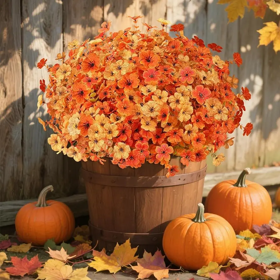 

16 Bundles Fall Orange Yellow Artificial Flowers for Outdoor Fall Decor UV Resistant Faux Flowers No Fade Fake Plastic Plants Ga