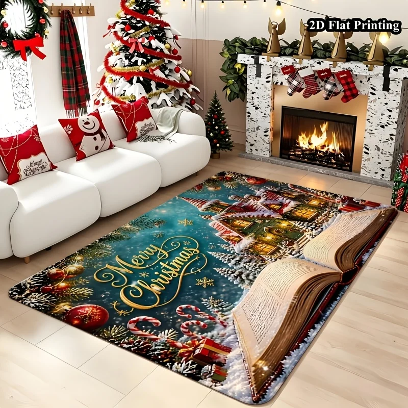 1pc 2D Flat Christmas Rug, Magic Book Christmas Village Print, Machine Washable, Soft, for Entryway, Living Room, Bedroom