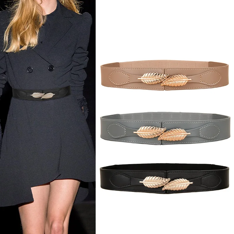 

New Leaves Buckle Leather Elastic Women Waistband Belt Fashion Joker Show Thin Cummerbund for Ladies