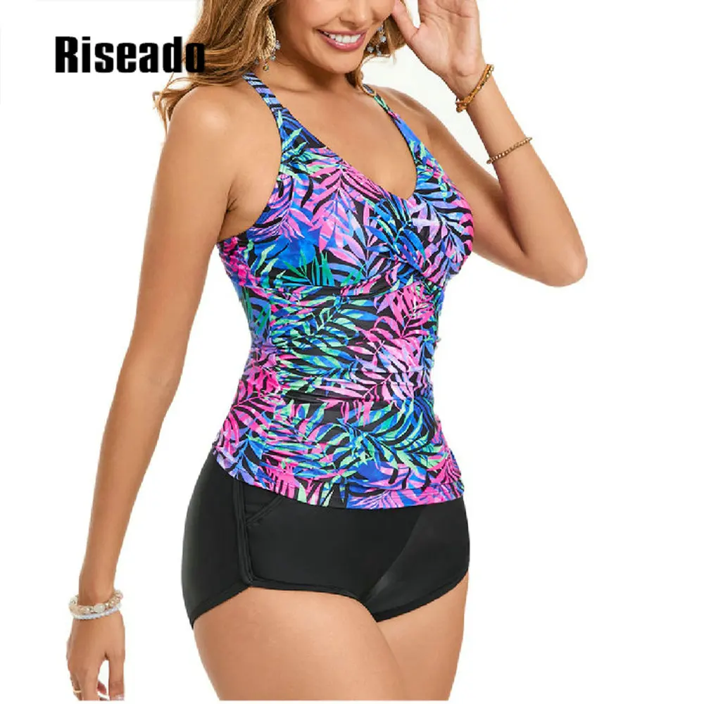 Riseado Women Tankini Swimsuits V Neck Ruched Tankini Top Cross Back Two Piece Bathing Suit Tummy Control