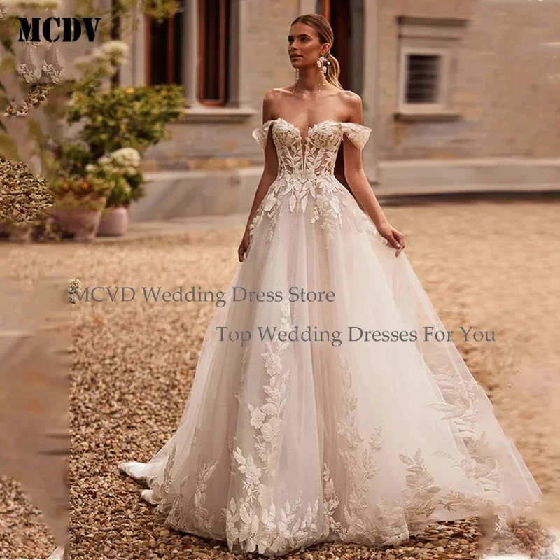

MCDV 2025 Custom Made Off The Shoulder 3D Flower Lace Applique A Line Wedding Dresses