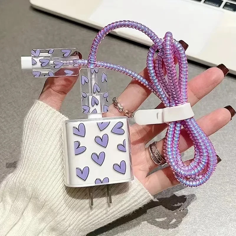 Cute Good Luck Love Heart Charging Data Cable Protection Cases For iPhone 18/20w Charger Protective Cover Winder Accessories