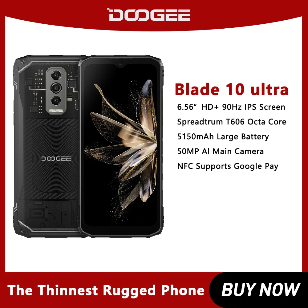 DOOGEE Blade 10 Ultra Rugged Smartphone Android 14 6.56'' 90Hz Display T606 4G 50MP Camera 8GB+256GB 5150mAh NFC Mobile Phone