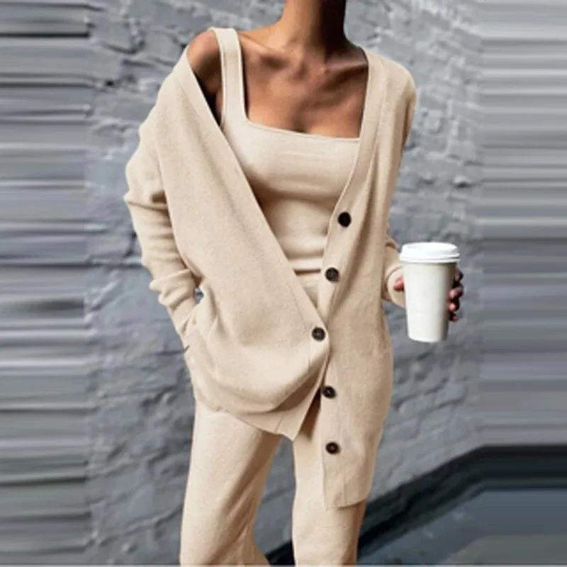 

2025 Autumn Casual Home Women Knitted Suit Fashionable Solid Color Button Cardigan + Slim Vest + Loose Trousers Three-piece Set