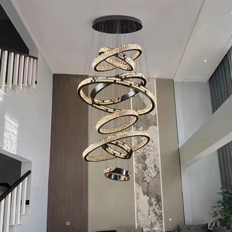 

Villa Duplex Large Chandelier Modern And Minimalist Staircase Hollow Ceiling Living Room Crystal Light