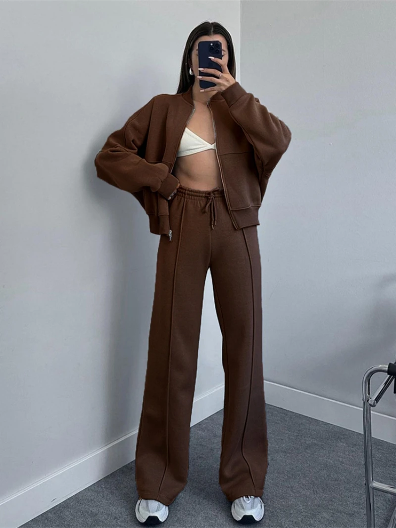 Streetwear 2 Piece Sets Women Outfit Autumn Clothes Women 2024 Solid Jacket Top and Pants Sets Casual Fleece Tracksuit Woman Set