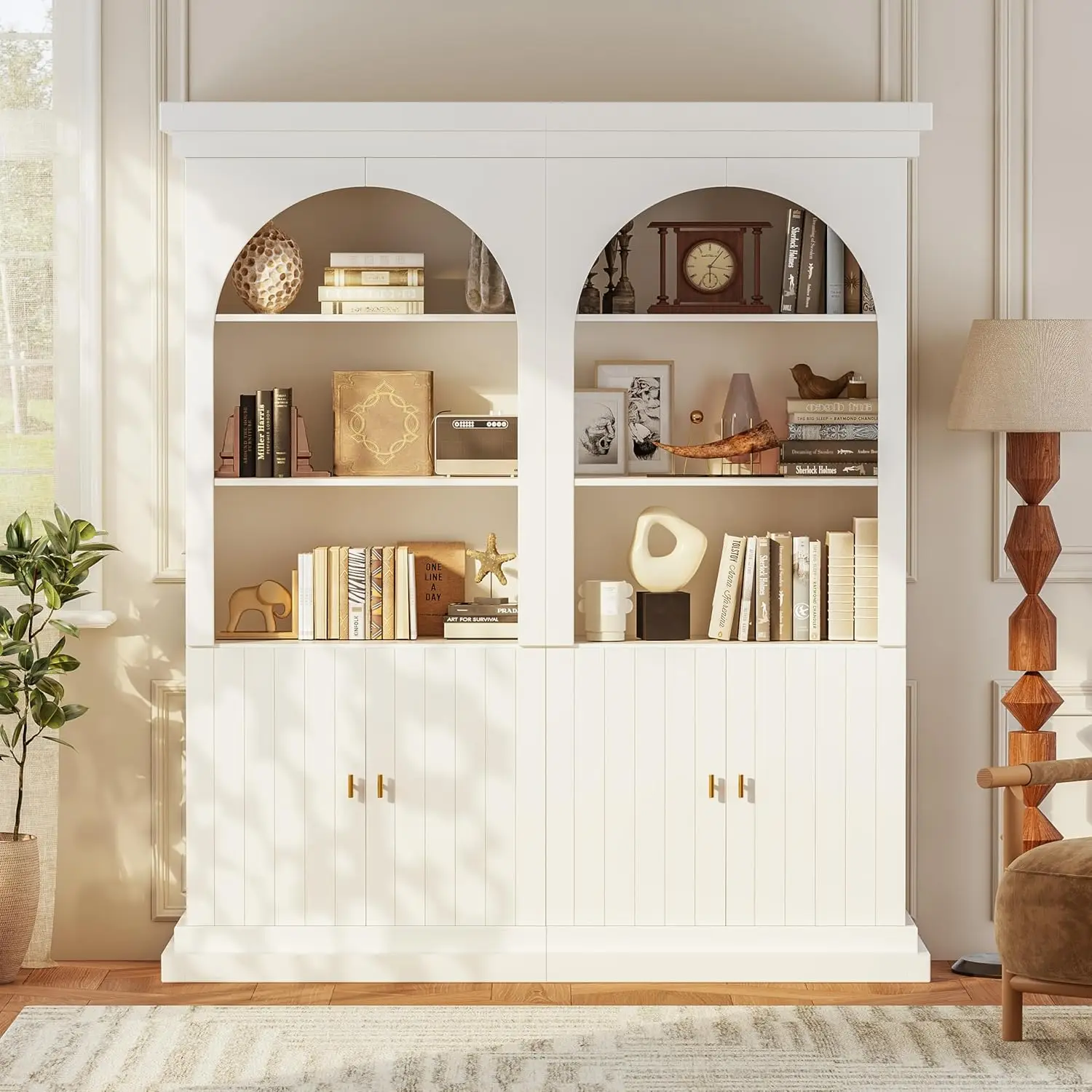 

71" Tall Bookcase Storage Cabinet with Drawers for Study Home Office White Gold Handles 2pcs Set, Customized