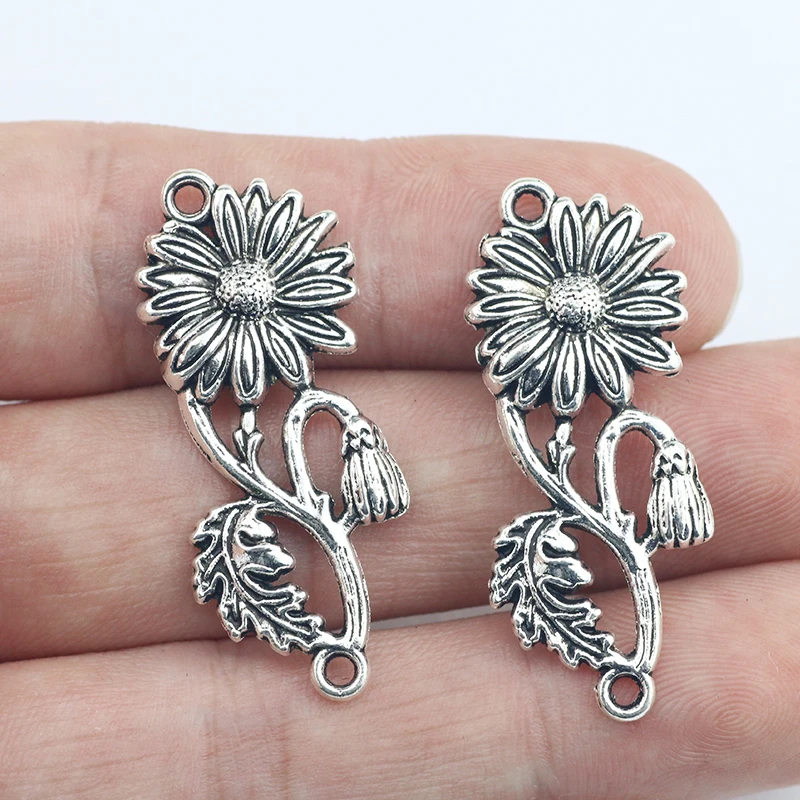 10Pcs 15*38mm Antique Silver Plated Sunflower Charms For DIY Jewelry Making