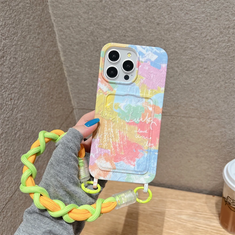 Oil Painting Pattern Phone Case for IPhone 15 14 Plus 12 13 Pro Max Credit Card Slot Holder Wallet Wrist Strap Soft TPU Cover