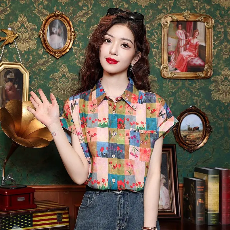

Color Blocking Plaid Printed Shirt 2026 Summer New Arrival Hong Kong Retro Loose Fit Slimming Short Sleeve Top for Women​