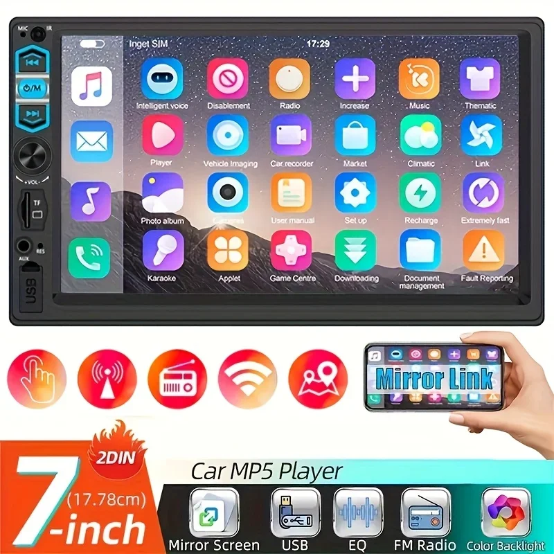 

7-дюймовая 2-диночная автомобильная стереосистема с MP5-плеером, автомобильная стереосистема Double Din, сенсорным экраном с поддержкой Mirror Link B-T, Aux-плеер USB TF FM