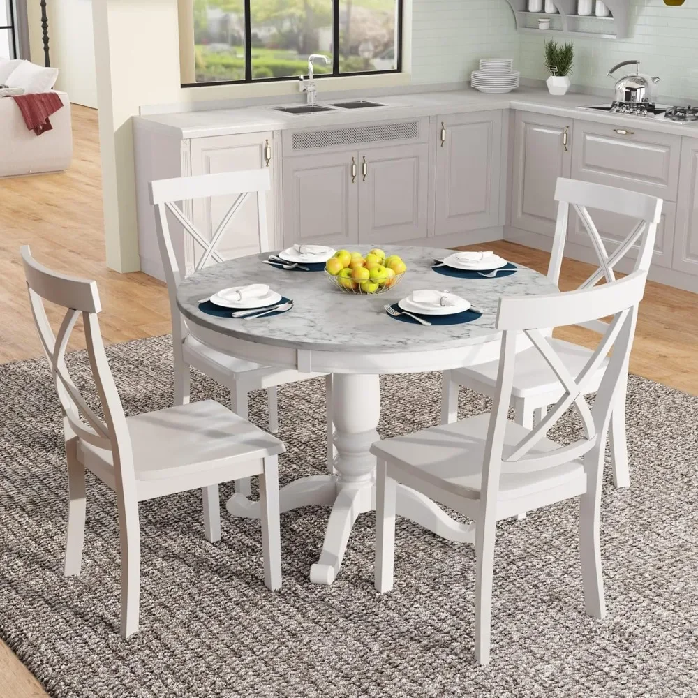 5-Piece Kitchen Dining Table Set Wood Round Table with 4 Upholstered Dining Chairs for Small Places