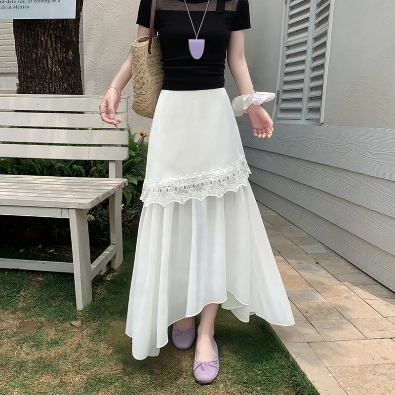 New Fashion Double Layer Skirt Women Irregular Summer Lace Splice High Waist A-line Midi Chiffon Skirts Elegant Office Lady Jupe
