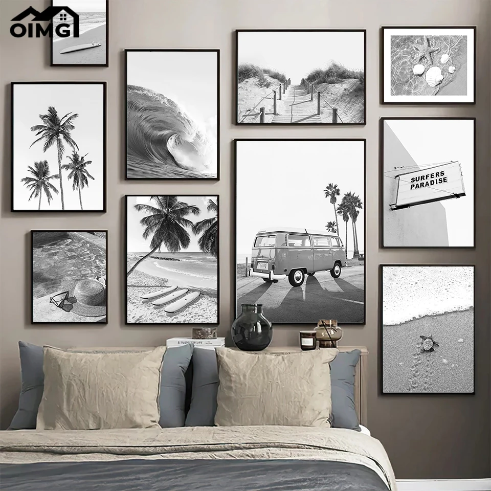 Surf Ocean Waves Starfish Shell Poster Black White Beach Coconut Tree Canvas Prints Sunglass Wall Picture Home Decor Painting