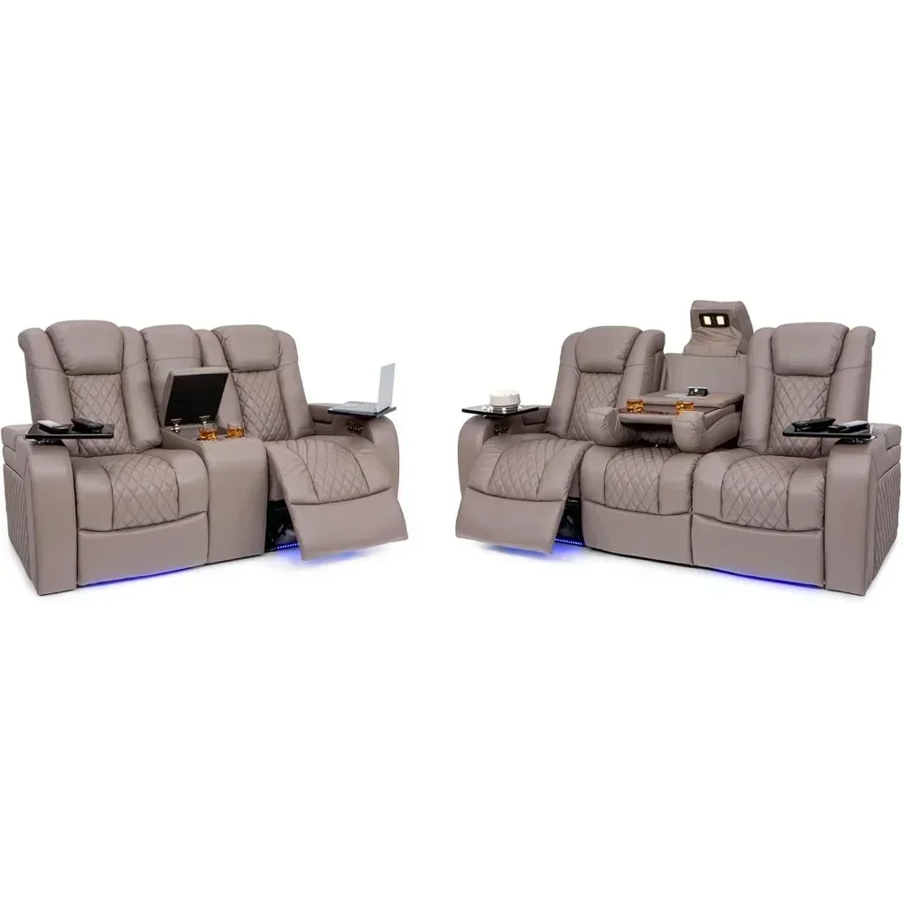 

Hot salesAnthem Italian Leather Sofa w/Fold-Down Table & Loveseat w/Storage Console, Living Room, Power Headrest, Power Recline,