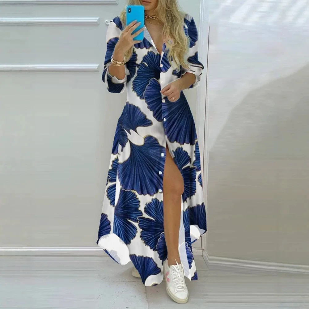 Newspaper Print Lapel Shirt Maxi Dress Three Quarter Sleeve Open Front High Split Loose Party Casual Long Dress