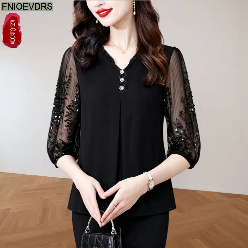 Fashion Bling Tops Blouses New Fashion 2026 Summer Woman Office Lady Casual Patchwork Sheer Mesh Elegant Sequined Shir