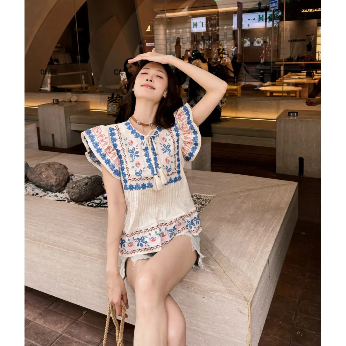 

Retro Ethnic Style Embroidered V-Neck Belted Sleeveless Shirt Heavy Work Cotton 100% Summer Fashion Women's Premium Shirt